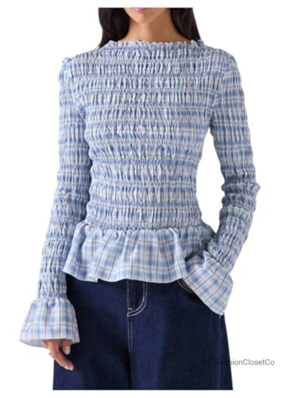Plus Size Plaid Smocked Peplum Blouse Long Sleeve Ruffle Cuff Women's Top